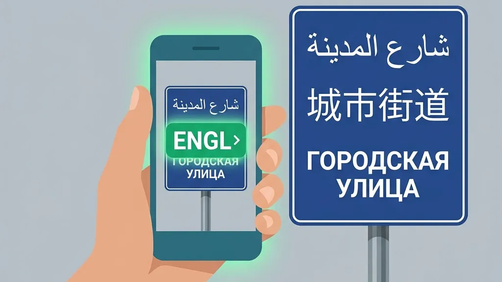 Смартфон определяет язык надписи с вывески с арабским, китайским и кириллическим текстом